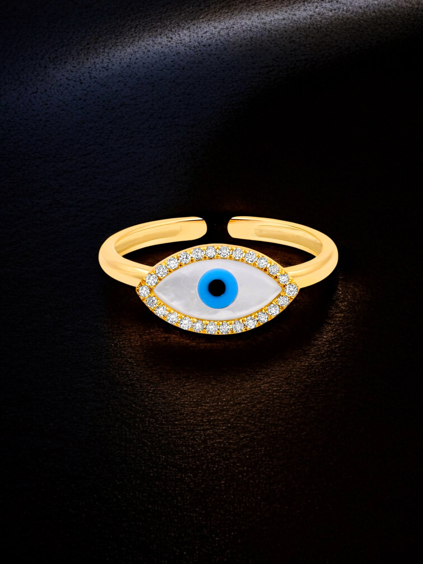 18K Gold-Plated Adjustable Finger Rings | Trendy White Oval Blue Evil Eye Ring with Stones (350-CHFA-1039)