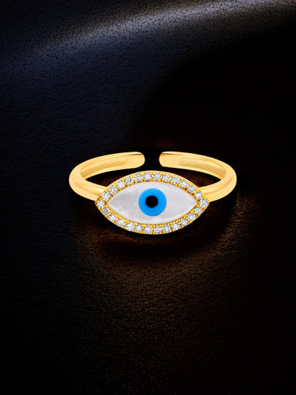18K Gold-Plated Adjustable Finger Rings | Trendy White Oval Blue Evil Eye Ring with Stones (350-CHFA-1039)