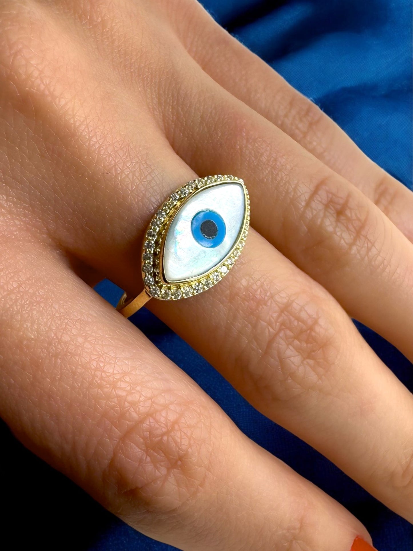 18K Gold-Plated Adjustable Finger Rings | Trendy White Oval Blue Evil Eye Ring with Stones (350-CHFA-1039)