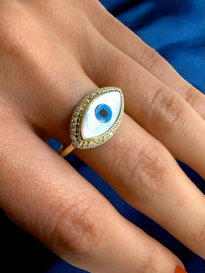 18K Gold-Plated Adjustable Finger Rings | Trendy White Oval Blue Evil Eye Ring with Stones (350-CHFA-1039)