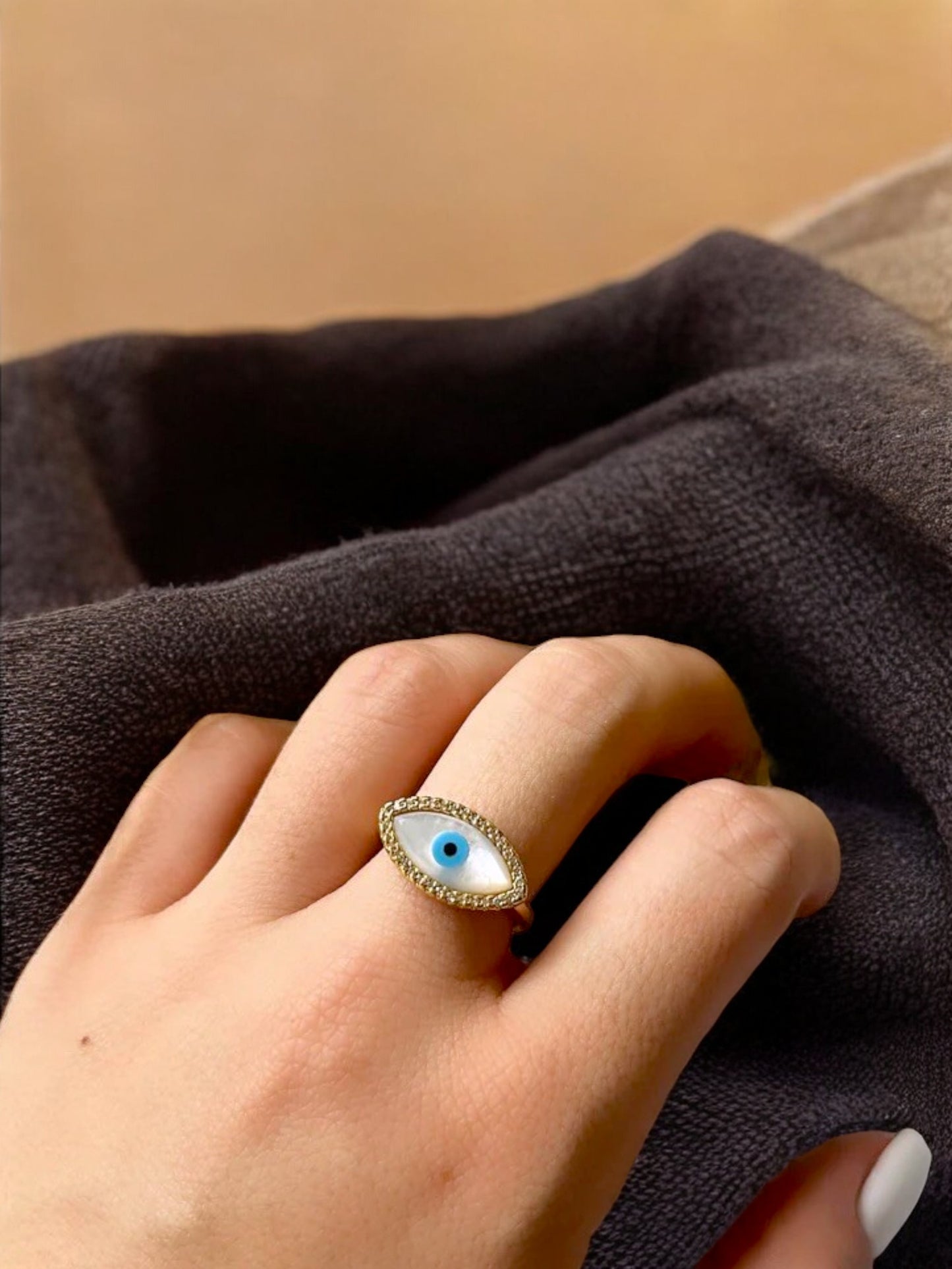 18K Gold-Plated Adjustable Finger Rings | Trendy White Oval Blue Evil Eye Ring with Stones (350-CHFA-1039)