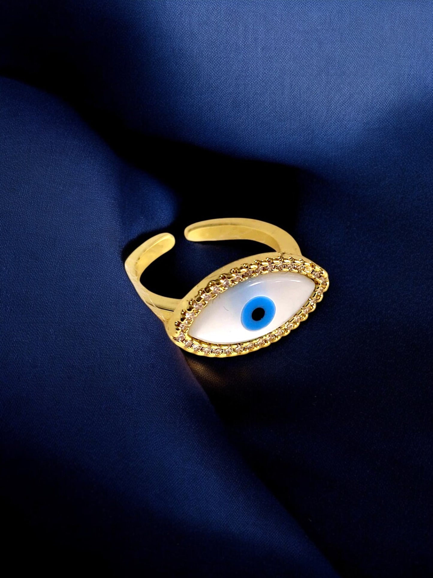 18K Gold-Plated Adjustable Finger Rings | Trendy White Oval Blue Evil Eye Ring with Stones (350-CHFA-1039)