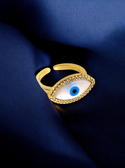 18K Gold-Plated Adjustable Finger Rings | Trendy White Oval Blue Evil Eye Ring with Stones (350-CHFA-1039)