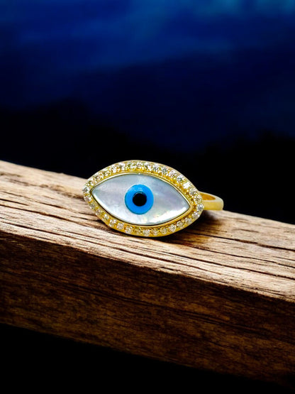 18K Gold-Plated Adjustable Finger Rings | Trendy White Oval Blue Evil Eye Ring with Stones (350-CHFA-1039)