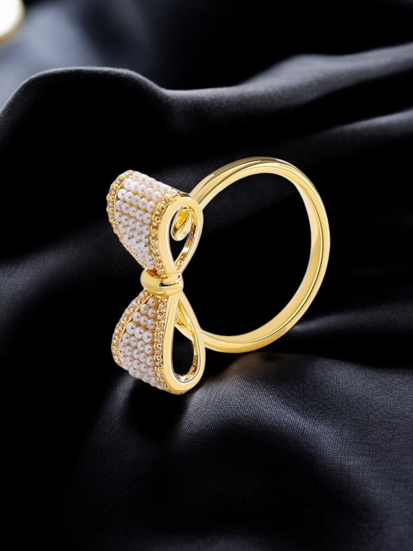 18K Gold-Plated Adjustable Finger Rings | Elegant Bow Design Ring Studded with Beads & Stones (350-CHFA-1046)