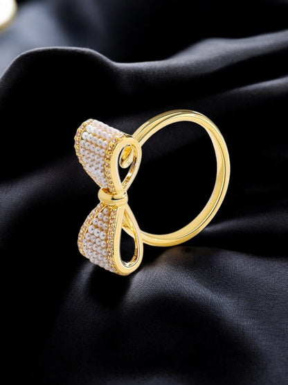 18K Gold-Plated Adjustable Finger Rings | Elegant Bow Design Ring Studded with Beads & Stones (350-CHFA-1046)
