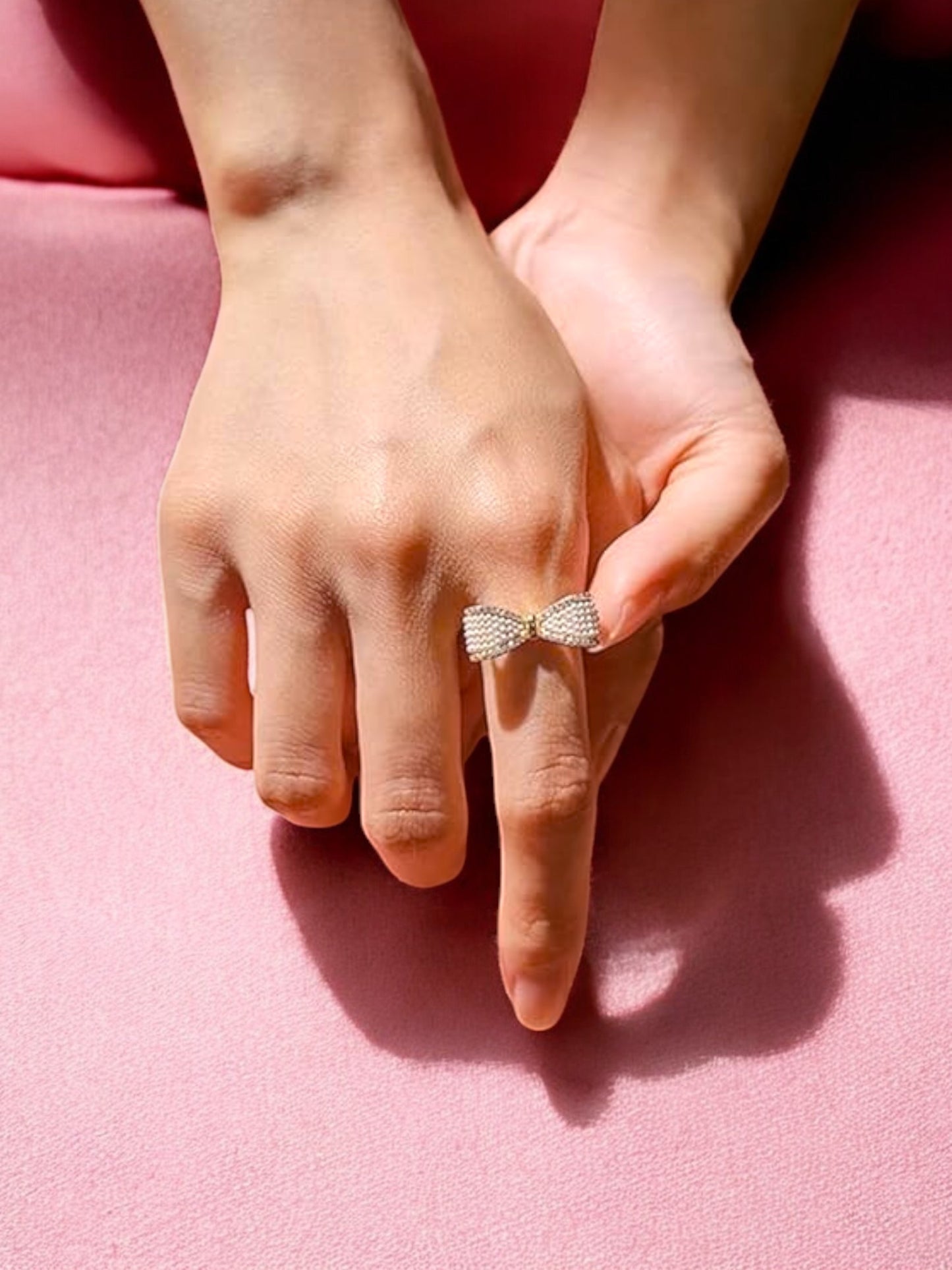 18K Gold-Plated Adjustable Finger Rings | Elegant Bow Design Ring Studded with Beads & Stones (350-CHFA-1046)