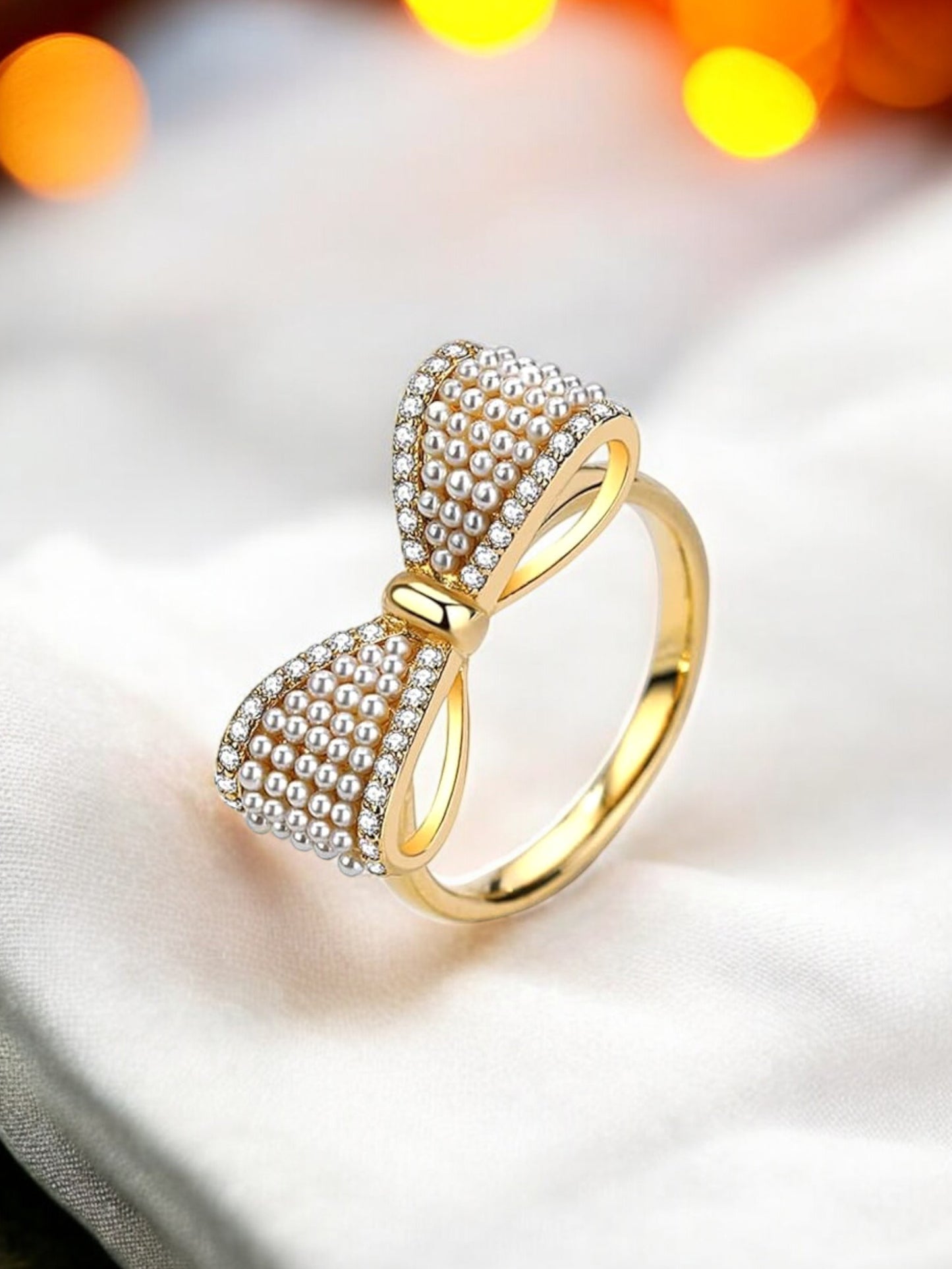 18K Gold-Plated Adjustable Finger Rings | Elegant Bow Design Ring Studded with Beads & Stones (350-CHFA-1046)