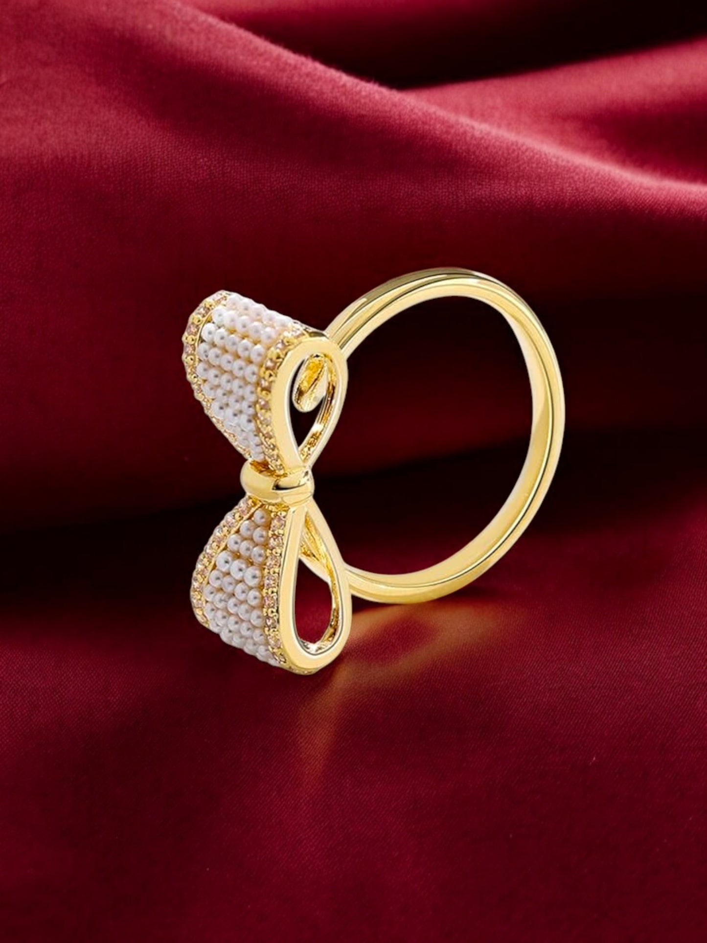 18K Gold-Plated Adjustable Finger Rings | Elegant Bow Design Ring Studded with Beads & Stones (350-CHFA-1046)