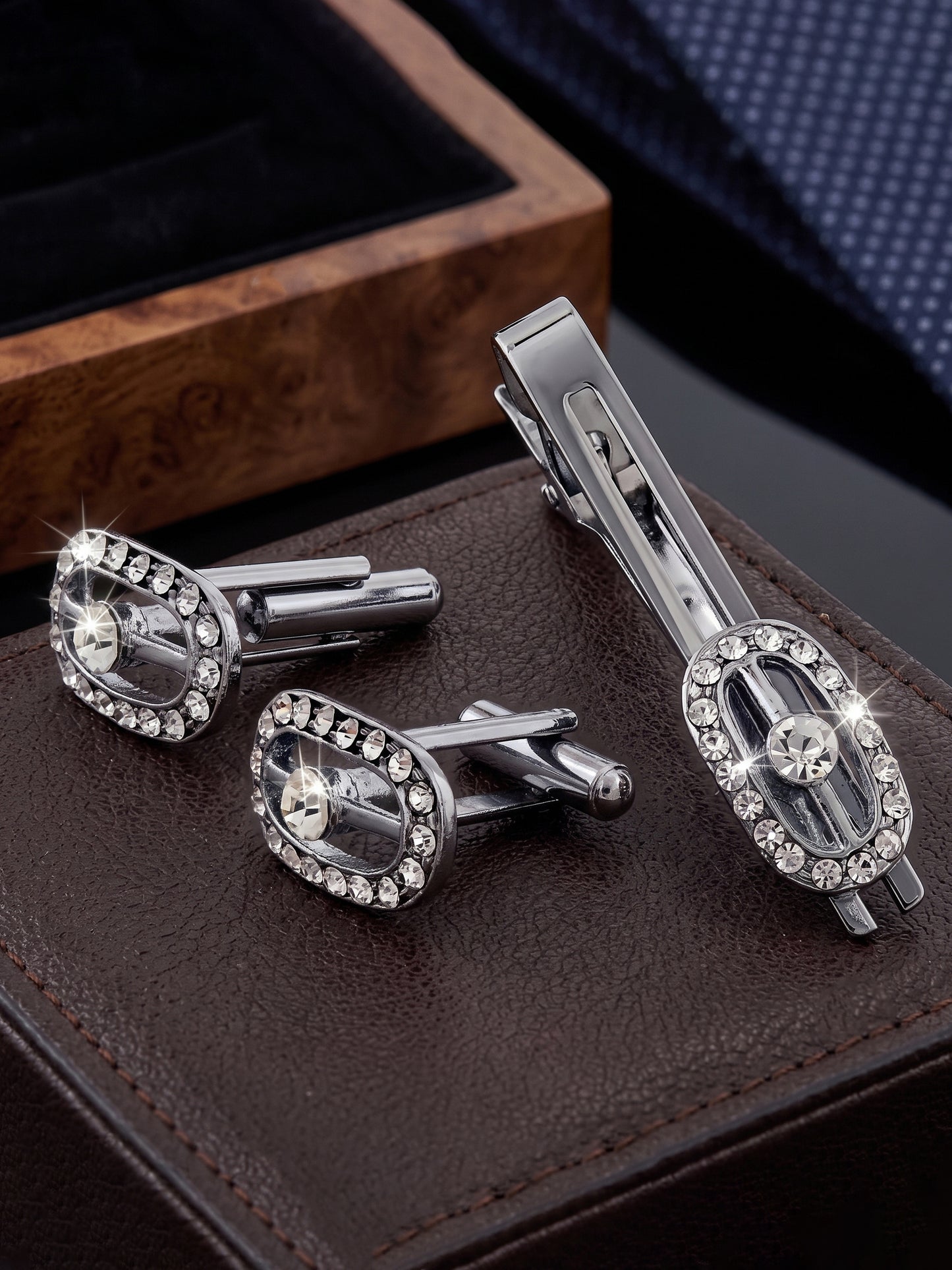 Lucky Jewellery Unique Men Jewelry White Stone Silver Plated Sleeve Button Formal Cuff Button Wedding Shirt Button, Suit, Blazer Cufflinks with Matching Tie Pin Gift Set For Men (370-M4C5-CRA5322-W-S)