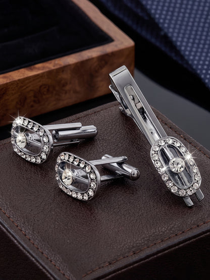 Lucky Jewellery Unique Men Jewelry White Stone Silver Plated Sleeve Button Formal Cuff Button Wedding Shirt Button, Suit, Blazer Cufflinks with Matching Tie Pin Gift Set For Men (370-M4C5-CRA5322-W-S)