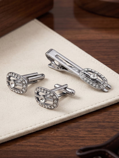 Lucky Jewellery Unique Men Jewelry White Stone Silver Plated Sleeve Button Formal Cuff Button Wedding Shirt Button, Suit, Blazer Cufflinks with Matching Tie Pin Gift Set For Men (370-M4C5-CRA5322-W-S)