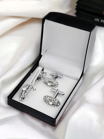Lucky Jewellery Unique Men Jewelry White Stone Silver Plated Sleeve Button Formal Cuff Button Wedding Shirt Button, Suit, Blazer Cufflinks with Matching Tie Pin Gift Set For Men (370-M4C5-CRA5322-W-S)