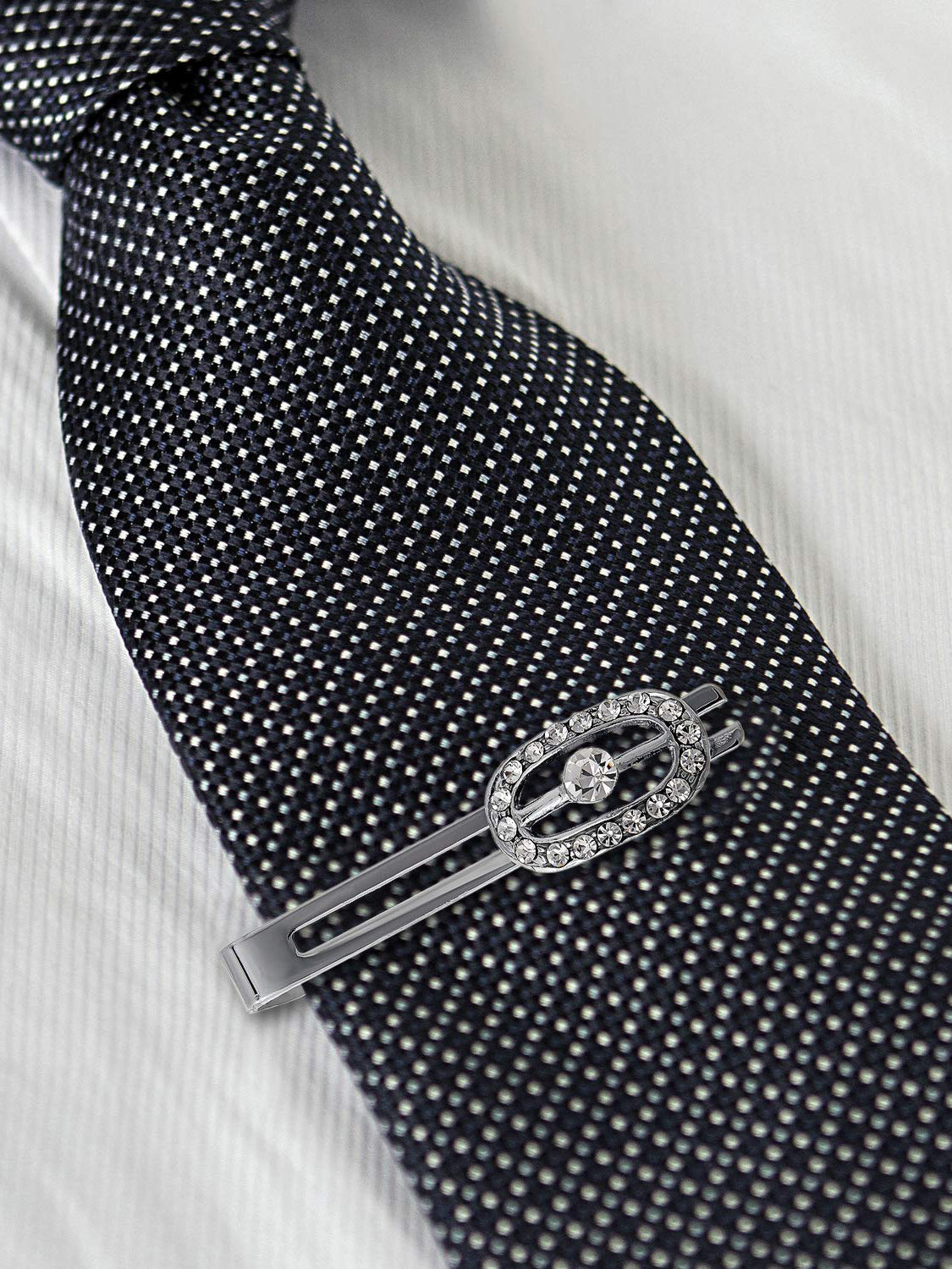 Lucky Jewellery Unique Men Jewelry White Stone Silver Plated Sleeve Button Formal Cuff Button Wedding Shirt Button, Suit, Blazer Cufflinks with Matching Tie Pin Gift Set For Men (370-M4C5-CRA5322-W-S)