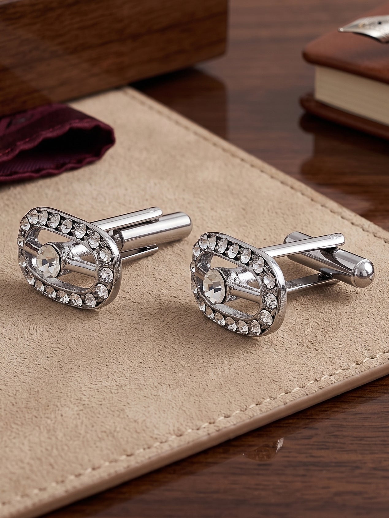 Lucky Jewellery Unique Men Jewelry White Stone Silver Plated Sleeve Button Formal Cuff Button Wedding Shirt Button, Suit, Blazer Cufflinks with Matching Tie Pin Gift Set For Men (370-M4C5-CRA5322-W-S)