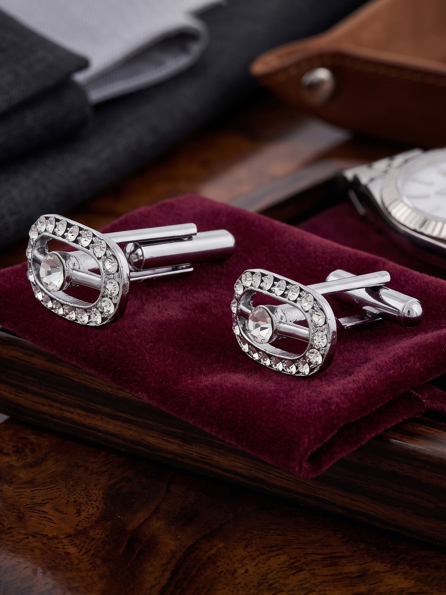 Lucky Jewellery Unique Men Jewelry White Color Stone Silver Plated Sleeve Button Formal Cuff Button Wedding Shirt Button, Suit, Blazer Cufflinks Pair Gift Set for Men (370-M4C54-CRA5322-W-S)