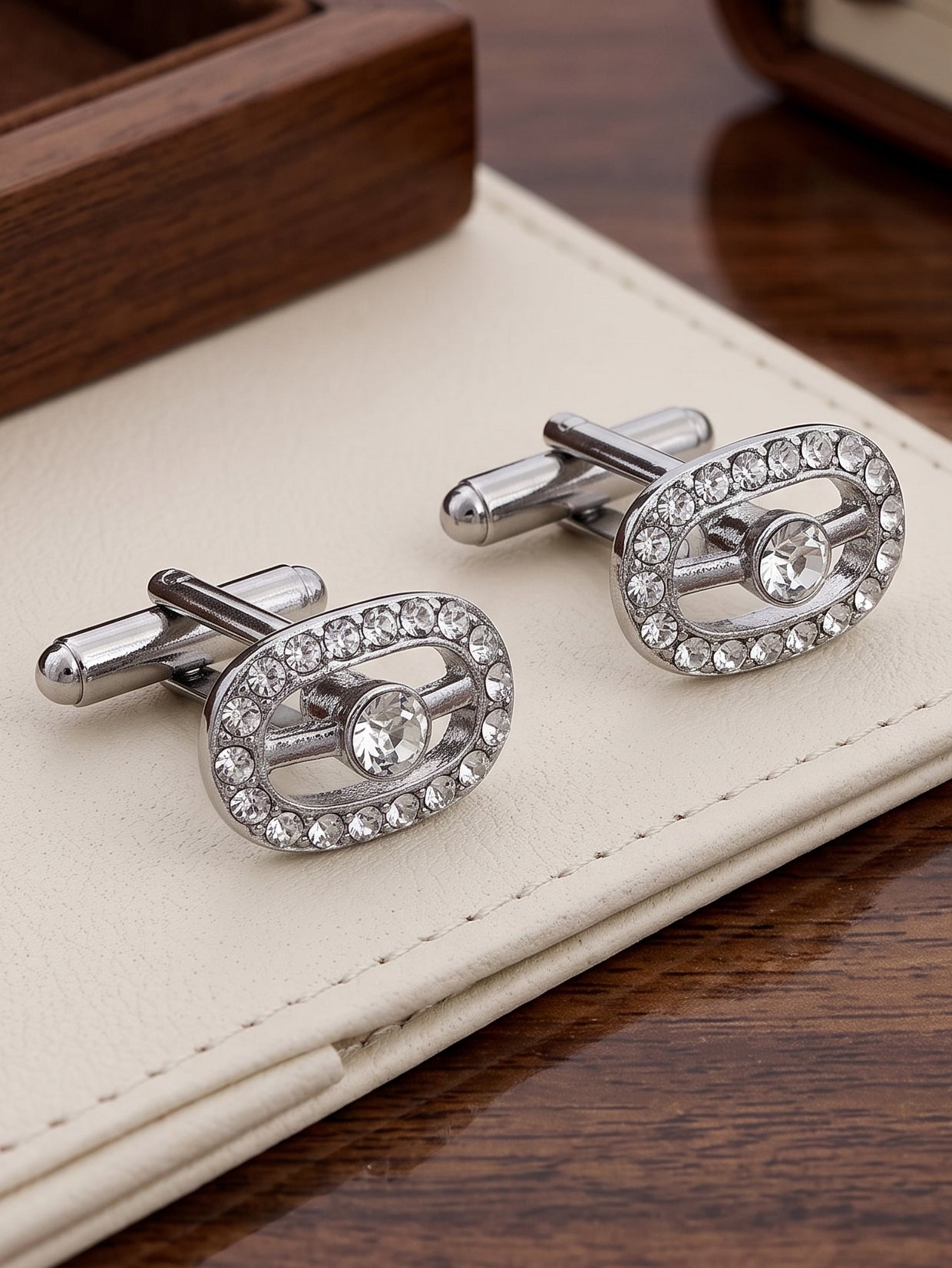 Lucky Jewellery Unique Men Jewelry White Stone Silver Plated Sleeve Button Formal Cuff Button Wedding Shirt Button, Suit, Blazer Cufflinks with Matching Tie Pin Gift Set For Men (370-M4C5-CRA5322-W-S)