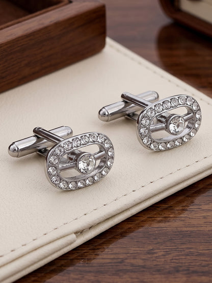 Lucky Jewellery Unique Men Jewelry White Color Stone Silver Plated Sleeve Button Formal Cuff Button Wedding Shirt Button, Suit, Blazer Cufflinks Pair Gift Set for Men (370-M4C54-CRA5322-W-S)