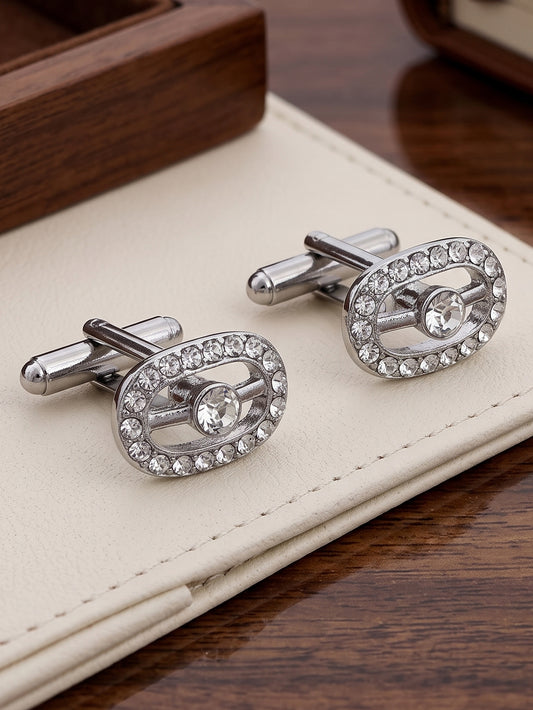Lucky Jewellery Unique Men Jewelry White Color Stone Silver Plated Sleeve Button Formal Cuff Button Wedding Shirt Button, Suit, Blazer Cufflinks Pair Gift Set for Men (370-M4C54-CRA5322-W-S)