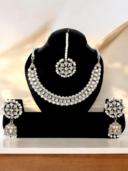 Trendy Silver Plated Kundan Beaded Choker Necklace Set (380-SSK-5120A-W-S)