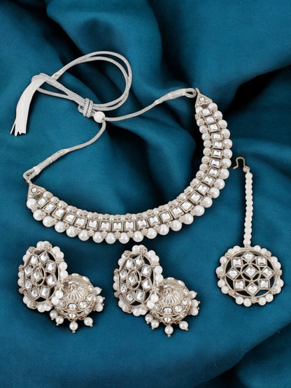 Trendy Silver Plated Kundan Beaded Choker Necklace Set (380-SSK-5120A-W-S)