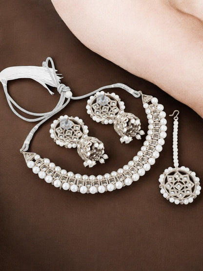 Trendy Silver Plated Kundan Beaded Choker Necklace Set (380-SSK-5120A-W-S)