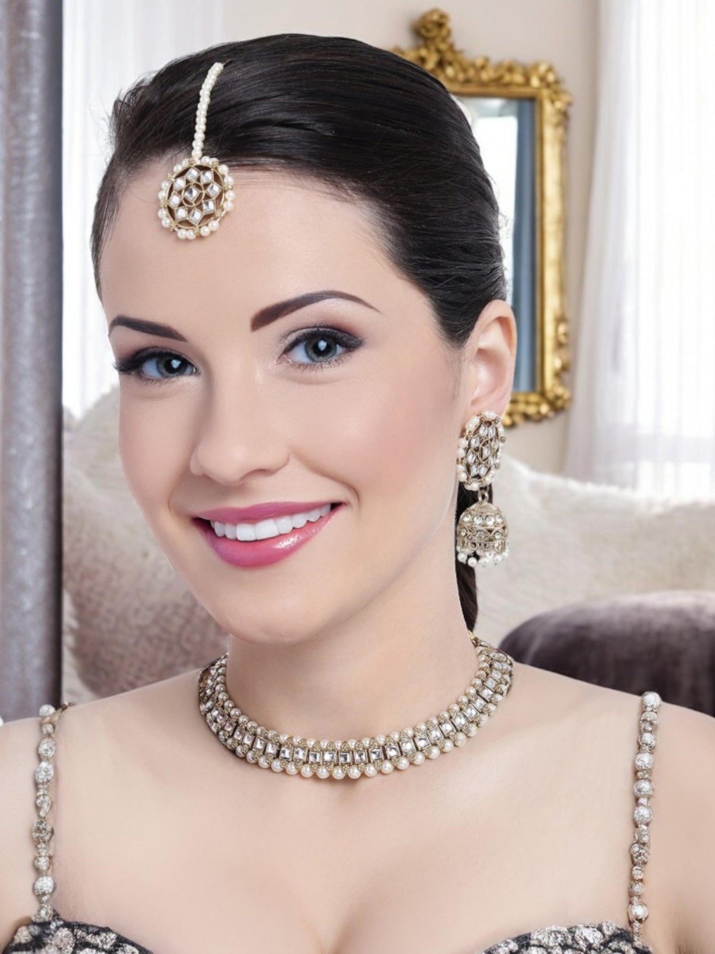 Trendy Silver Plated Kundan Beaded Choker Necklace Set (380-SSK-5120A-W-S)