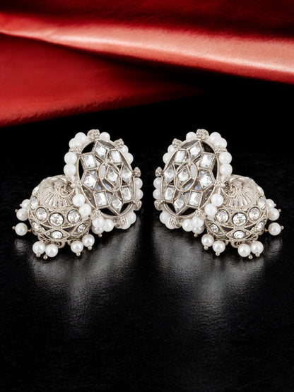 Trendy Silver Plated Kundan Beaded Choker Necklace Set (380-SSK-5120A-W-S)