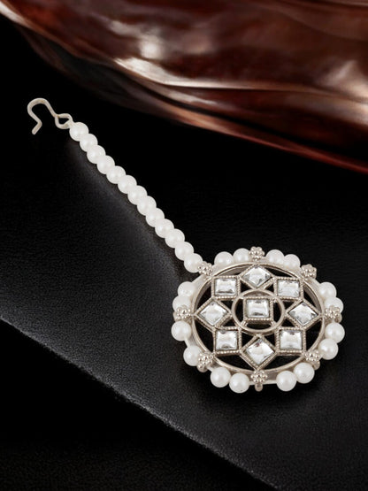 Trendy Silver Plated Kundan Beaded Choker Necklace Set (380-SSK-5120A-W-S)