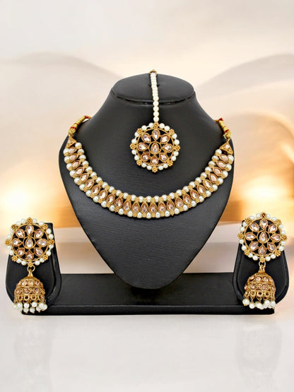 18K Gold Plated Kundan Beaded Choker Necklace Set (380-SSK-5120C-LCT)