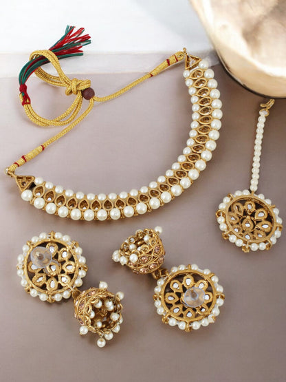 18K Gold Plated Kundan Beaded Choker Necklace Set (380-SSK-5120C-LCT)