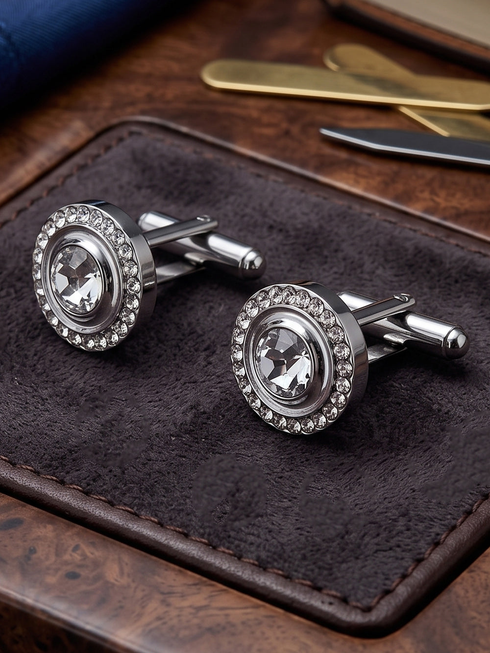 Lucky Jewellery Unique Men Jewelry White Color Stone Silver Plated Sleeve Button Formal Cuff Button Wedding Shirt Button, Suit, Blazer Cufflinks Pair Gift Set for Men (383-M4C54-248TM40DT-W-S)