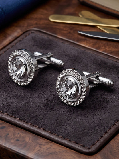 Lucky Jewellery Unique Men Jewelry White Color Stone Silver Plated Sleeve Button Formal Cuff Button Wedding Shirt Button, Suit, Blazer Cufflinks Pair Gift Set for Men (383-M4C54-248TM40DT-W-S)