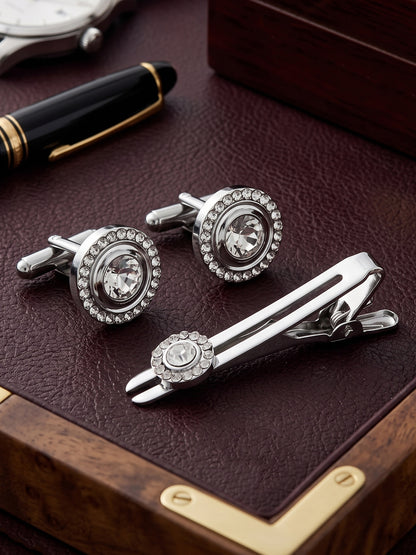 Lucky Jewellery Unique Men Jewelry Stone Silver Plated Sleeve Button Formal Cuff Button Wedding Shirt Button, Suit, Blazer Cufflinks with Matching Tie Pin Gift Set For Men (383-M4C5-248TM40DT-W-S)