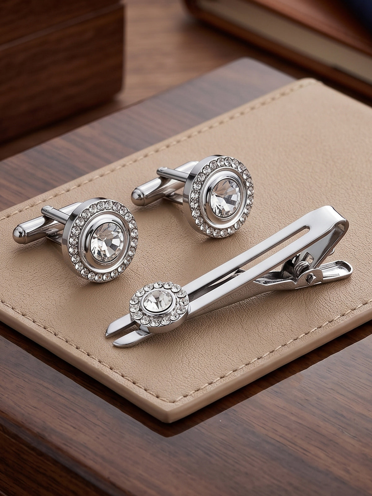 Lucky Jewellery Unique Men Jewelry Stone Silver Plated Sleeve Button Formal Cuff Button Wedding Shirt Button, Suit, Blazer Cufflinks with Matching Tie Pin Gift Set For Men (383-M4C5-248TM40DT-W-S)