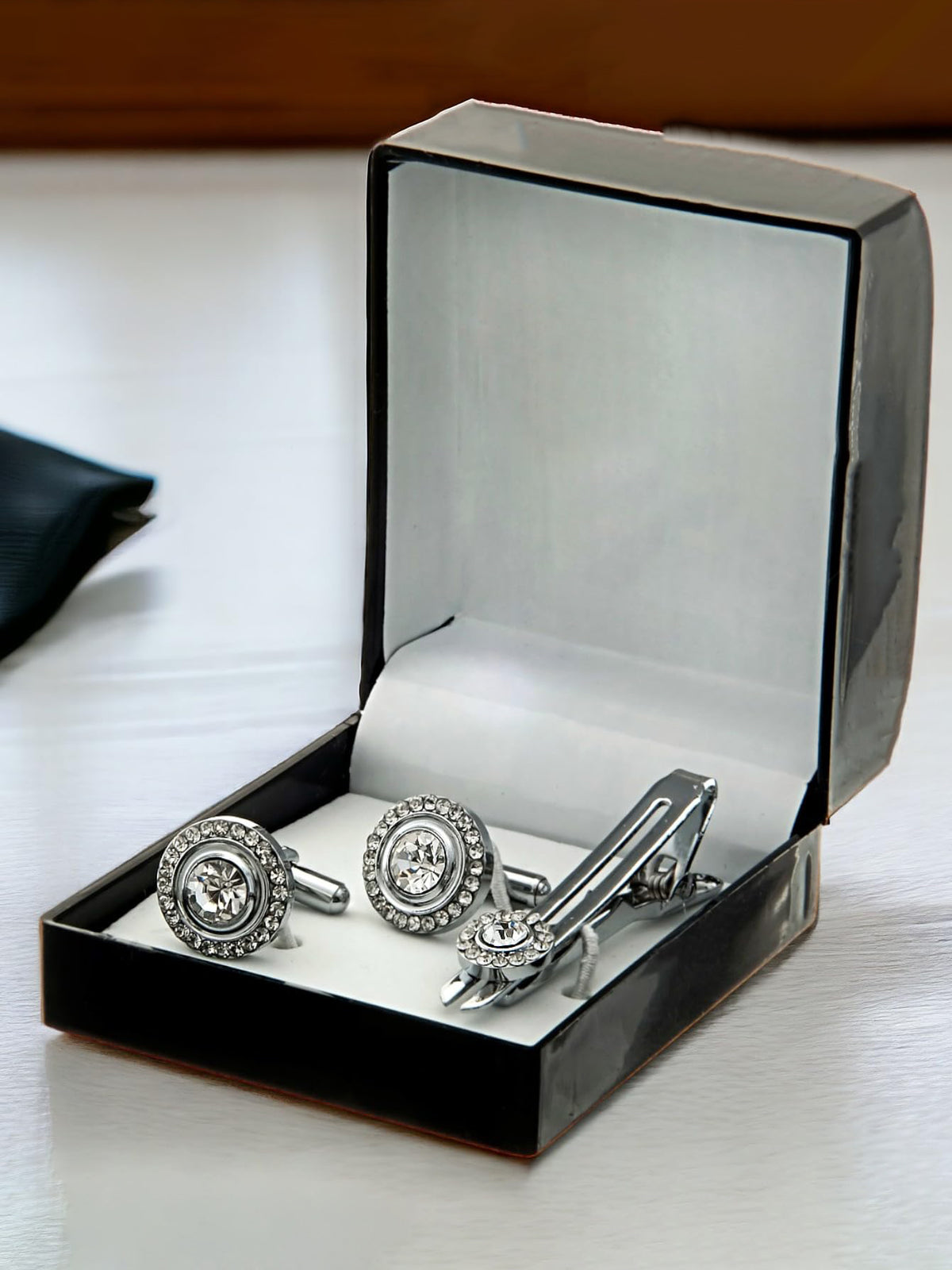 Lucky Jewellery Unique Men Jewelry Stone Silver Plated Sleeve Button Formal Cuff Button Wedding Shirt Button, Suit, Blazer Cufflinks with Matching Tie Pin Gift Set For Men (383-M4C5-248TM40DT-W-S)