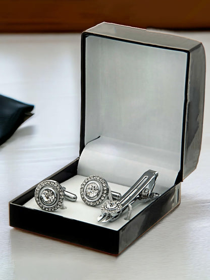 Lucky Jewellery Unique Men Jewelry Stone Silver Plated Sleeve Button Formal Cuff Button Wedding Shirt Button, Suit, Blazer Cufflinks with Matching Tie Pin Gift Set For Men (383-M4C5-248TM40DT-W-S)
