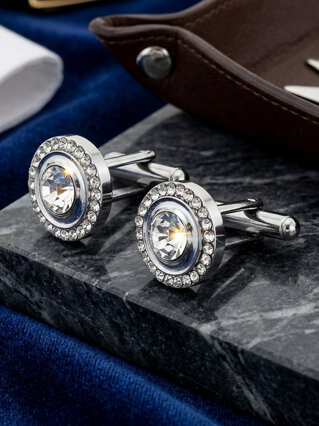 Lucky Jewellery Unique Men Jewelry Stone Silver Plated Sleeve Button Formal Cuff Button Wedding Shirt Button, Suit, Blazer Cufflinks with Matching Tie Pin Gift Set For Men (383-M4C5-248TM40DT-W-S)