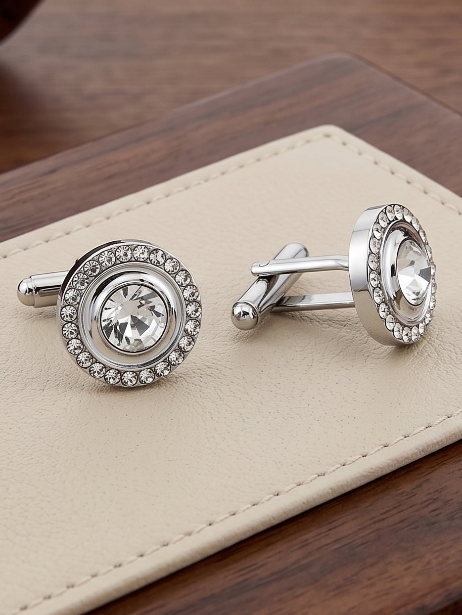 Lucky Jewellery Unique Men Jewelry Stone Silver Plated Sleeve Button Formal Cuff Button Wedding Shirt Button, Suit, Blazer Cufflinks with Matching Tie Pin Gift Set For Men (383-M4C5-248TM40DT-W-S)