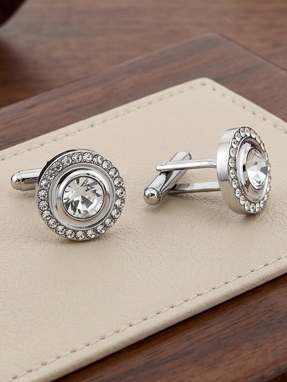 Lucky Jewellery Unique Men Jewelry White Color Stone Silver Plated Sleeve Button Formal Cuff Button Wedding Shirt Button, Suit, Blazer Cufflinks Pair Gift Set for Men (383-M4C54-248TM40DT-W-S)