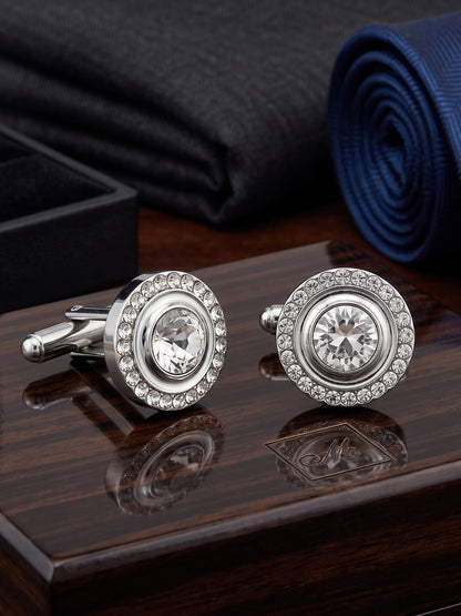 Lucky Jewellery Unique Men Jewelry White Color Stone Silver Plated Sleeve Button Formal Cuff Button Wedding Shirt Button, Suit, Blazer Cufflinks Pair Gift Set for Men (383-M4C54-248TM40DT-W-S)