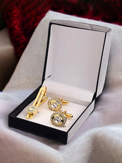 Lucky Jewellery Unique Men Jewelry White Stone Gold Plated Sleeve Button Formal Cuff Button Wedding Shirt Button, Suit, Blazer Cufflinks with Matching Tie Pin Gift Set For Men (383-M4C5-248TM40DT-W)