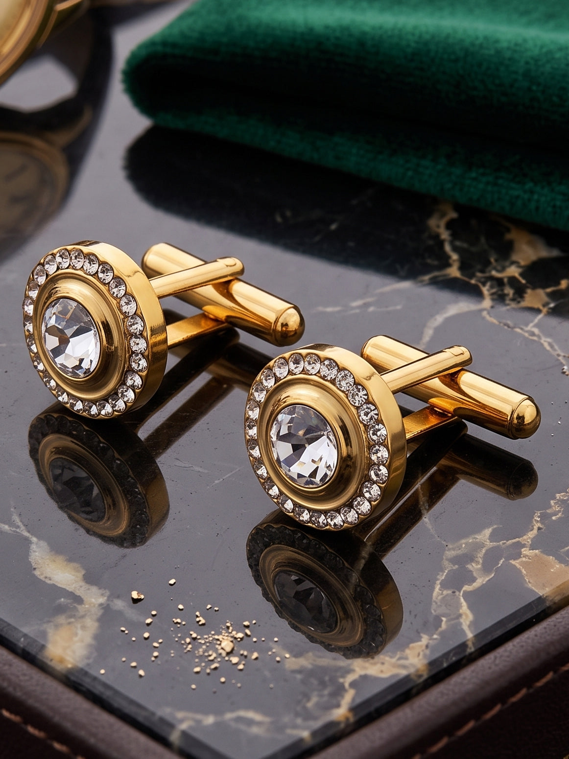 Lucky Jewellery Unique Men Jewelry White Stone Gold Plated Sleeve Button Formal Cuff Button Wedding Shirt Button, Suit, Blazer Cufflinks with Matching Tie Pin Gift Set For Men (383-M4C5-248TM40DT-W)