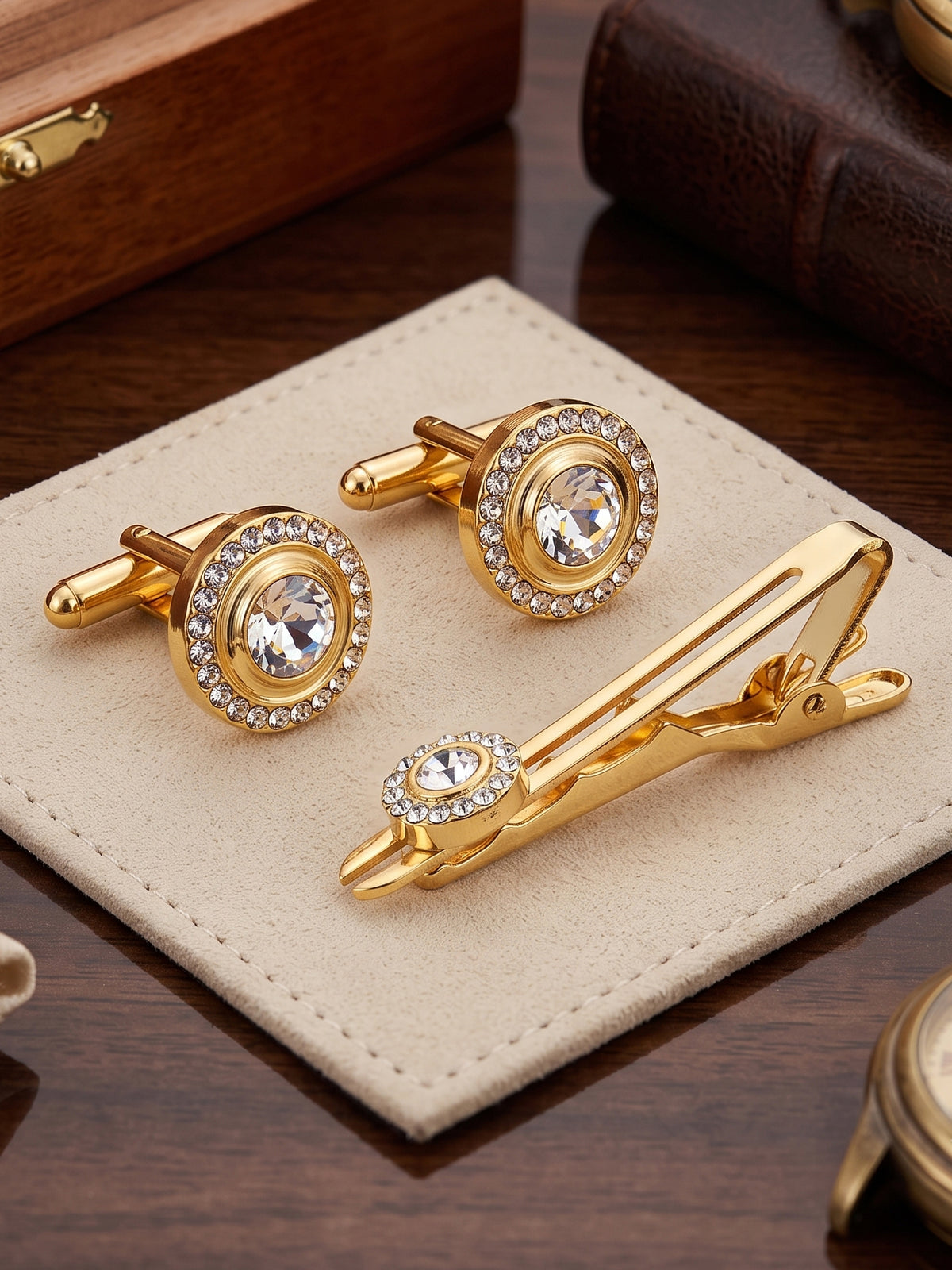 Lucky Jewellery Unique Men Jewelry White Stone Gold Plated Sleeve Button Formal Cuff Button Wedding Shirt Button, Suit, Blazer Cufflinks with Matching Tie Pin Gift Set For Men (383-M4C5-248TM40DT-W)
