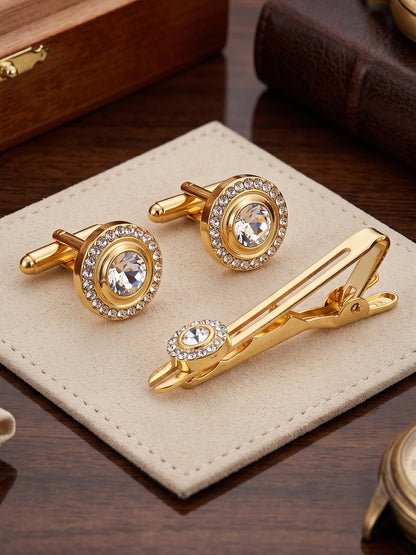 Lucky Jewellery Unique Men Jewelry White Stone Gold Plated Sleeve Button Formal Cuff Button Wedding Shirt Button, Suit, Blazer Cufflinks with Matching Tie Pin Gift Set For Men (383-M4C5-248TM40DT-W)