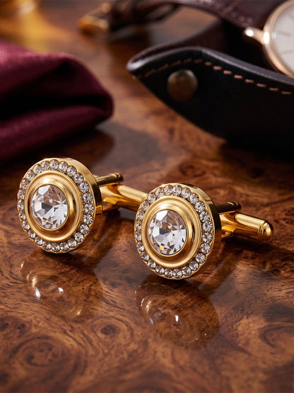 Lucky Jewellery Unique Men Jewelry White Stone Gold Plated Sleeve Button Formal Cuff Button Wedding Shirt Button, Suit, Blazer Cufflinks with Matching Tie Pin Gift Set For Men (383-M4C5-248TM40DT-W)