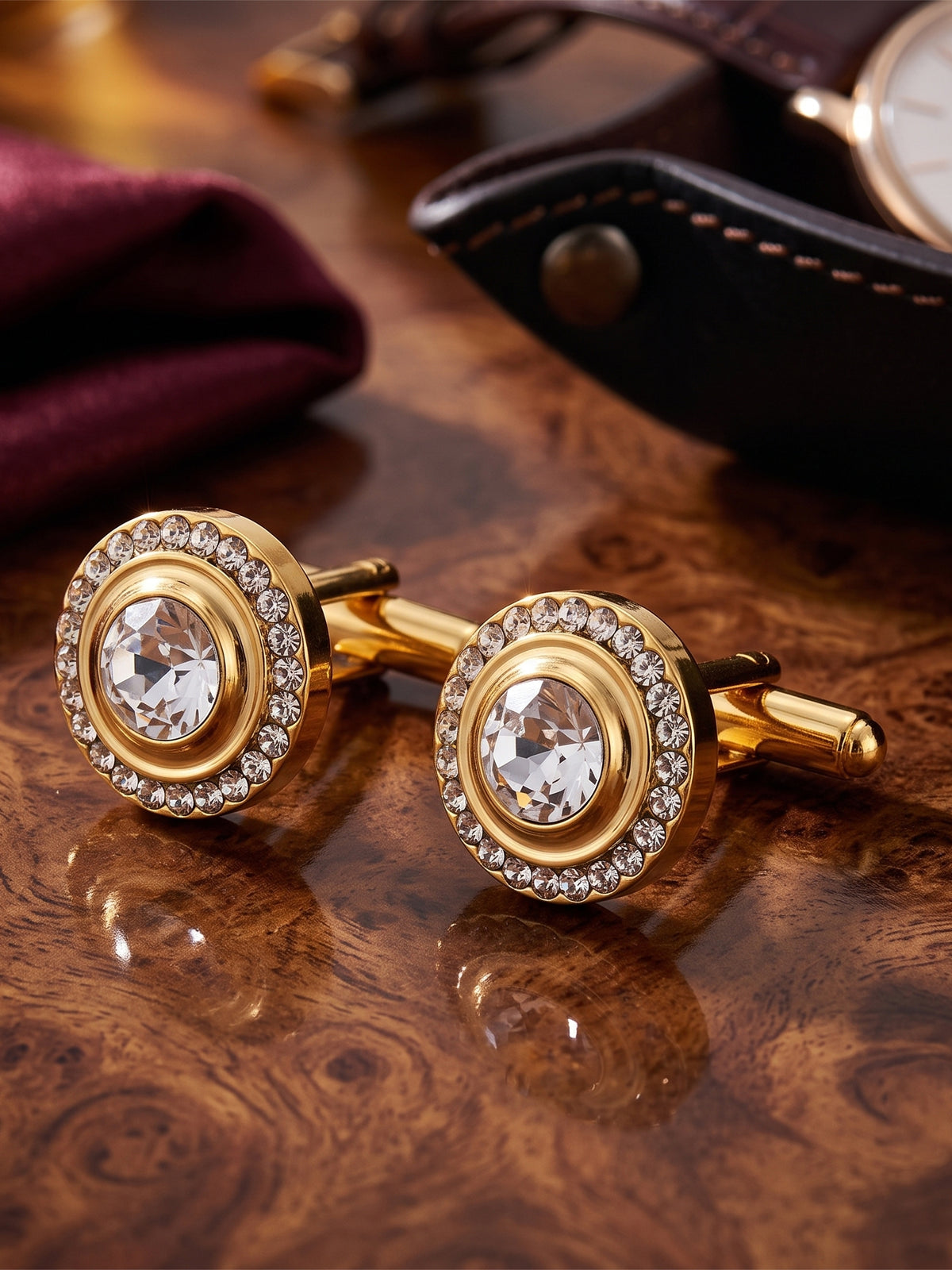 Lucky Jewellery Unique Men Jewelry White Color Stone Gold Plated Sleeve Button Formal Cuff Button Wedding Shirt Button, Suit, Blazer Cufflinks Pair Gift Set for Men (383-M4C54-248TM40DT-W)
