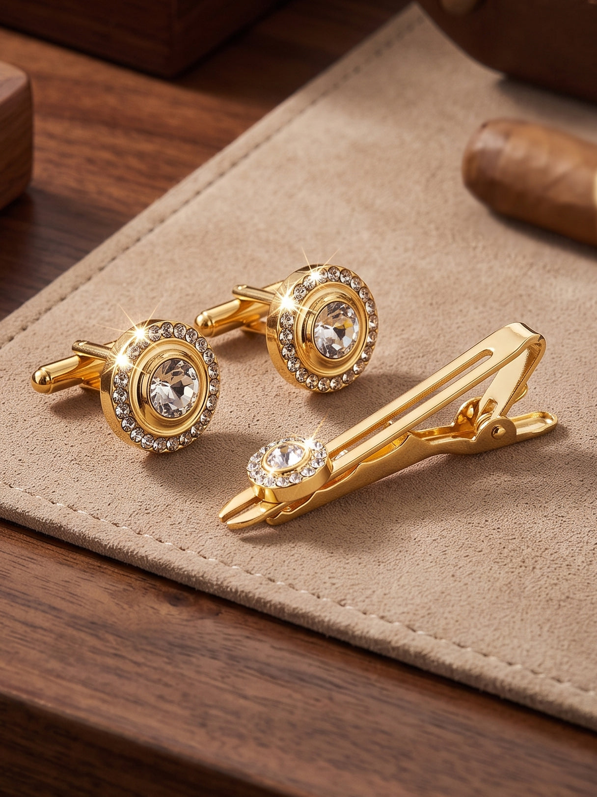 Lucky Jewellery Unique Men Jewelry White Stone Gold Plated Sleeve Button Formal Cuff Button Wedding Shirt Button, Suit, Blazer Cufflinks with Matching Tie Pin Gift Set For Men (383-M4C5-248TM40DT-W)