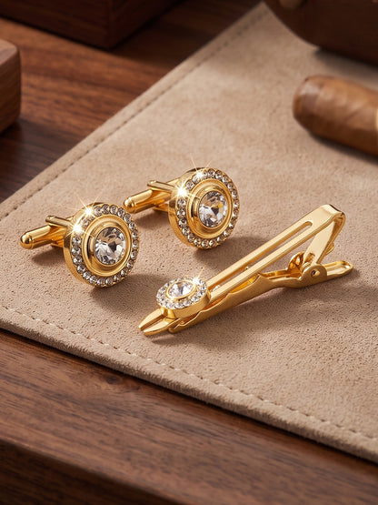 Lucky Jewellery Unique Men Jewelry White Stone Gold Plated Sleeve Button Formal Cuff Button Wedding Shirt Button, Suit, Blazer Cufflinks with Matching Tie Pin Gift Set For Men (383-M4C5-248TM40DT-W)