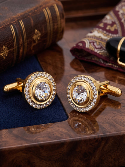 Lucky Jewellery Unique Men Jewelry White Color Stone Gold Plated Sleeve Button Formal Cuff Button Wedding Shirt Button, Suit, Blazer Cufflinks Pair Gift Set for Men (383-M4C54-248TM40DT-W)